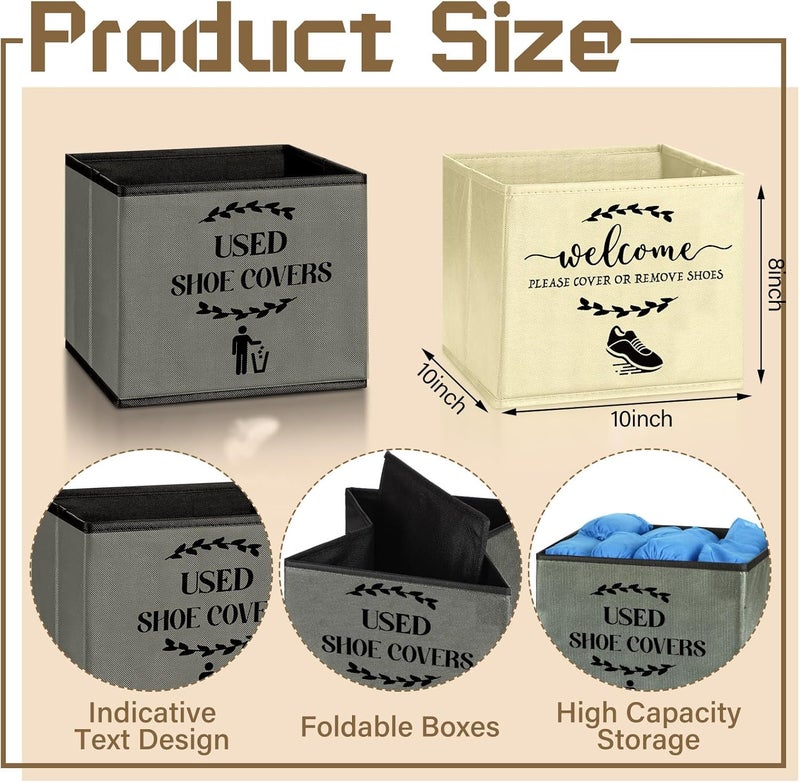 Singhoow 2 Pcs Shoe Cover Boxes Dispenser Foldable Storage Bins, Used Shoe Covers and Welcome Please or Remove Sign Entryway Basket Holder for Open House Supplies(Dark Gray, Beige) - Image 2